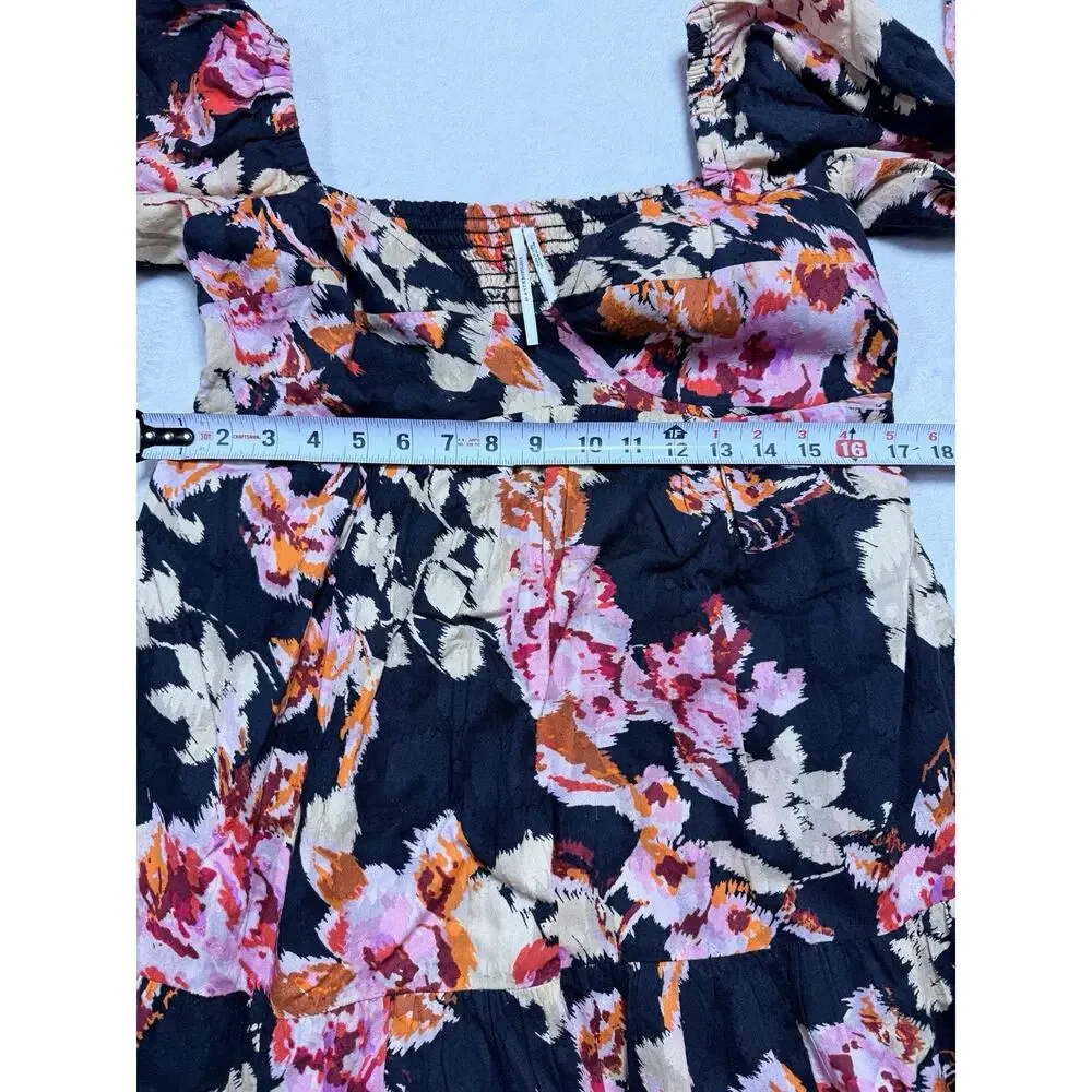 Anthropologie Black Blossom Tiered Puff Sleeve Maxi Dress Sz Sm Floral Smocked